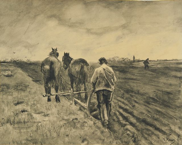 Mauve A.  | Ploeger met twee paarden, penseel en inkt op papier 39,0 x 51,0 cm, gesigneerd r.o.