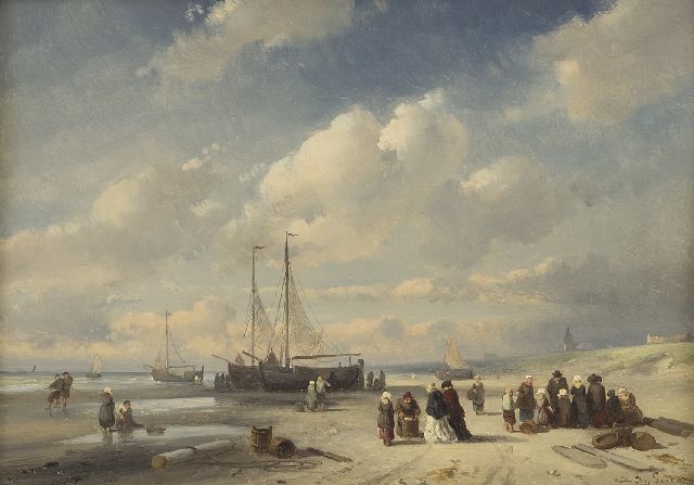 Leickert C.H.J.  | Visafslag op het strand van Scheveningen, olieverf op paneel 19,2 x 27,0 cm, gesigneerd r.o. en te dateren eind jaren 50