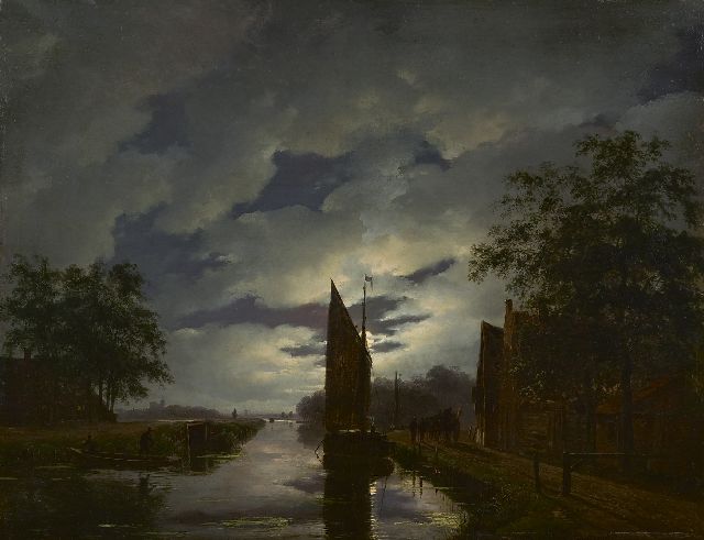 Andreas Schelfhout | Maanverlicht landschap met roeiboot en afgemeerde zeilschepen, olieverf op paneel, 38,2 x 49,3 cm, gesigneerd r.o. en te dateren ca. 1822