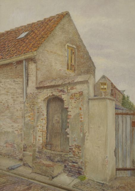 Hettinga Tromp T.G.M. van | Oude huisjes te Zaltbommel, olieverf op doek 40,5 x 29,6 cm, gesigneerd r.o. monogram en gedateerd 1949