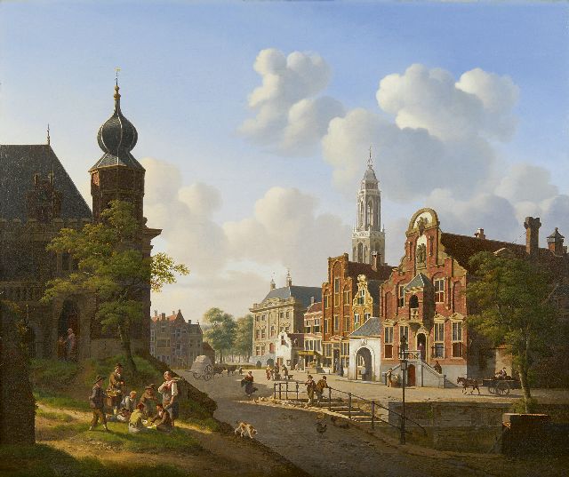 Jan Hendrik Verheijen | Zonnig stadsgezicht met kaartspelers op de voorgrond, olieverf op doek, 66,9 x 79,6 cm, gesigneerd r.o.