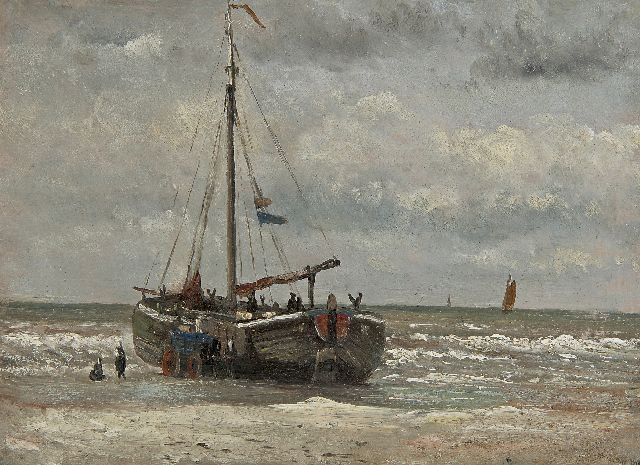 Hendrik Willem Mesdag | Vissers bij bomschuit op het strand, olieverf op papier, 20,8 x 28,2 cm, te dateren ca. 1868