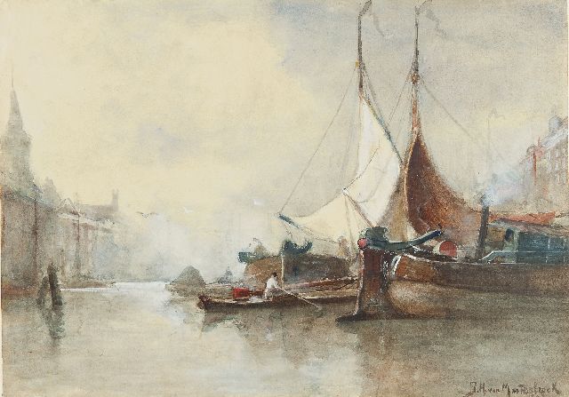 Mastenbroek J.H. van | Afgemeerde schepen in de Leuvehaven, Rotterdam, aquarel op papier 38,5 x 53,3 cm, gesigneerd r.o. en gedateerd 189[8?]
