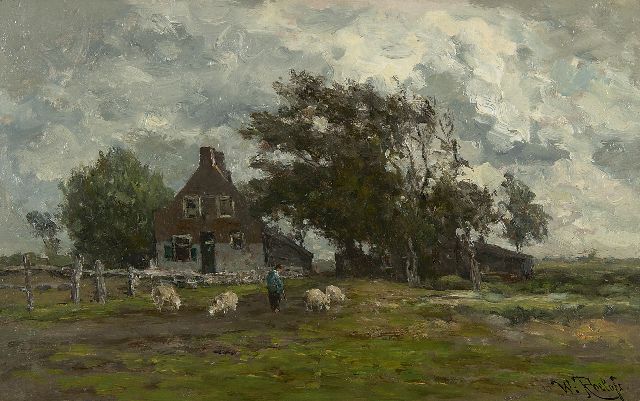 Willem Roelofs | Landschap met schapen bij een boerenhuis, olieverf op doek op paneel, 27,7 x 44,0 cm, gesigneerd r.o.