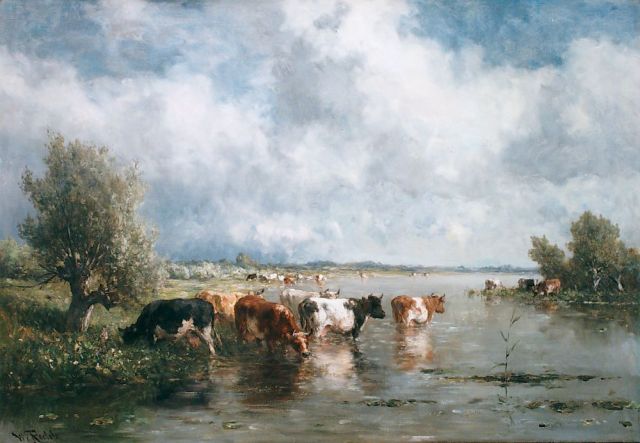 Willem Roelofs | Koeien aan het water, olieverf op doek, 70,0 x 101,0 cm, gesigneerd l.o