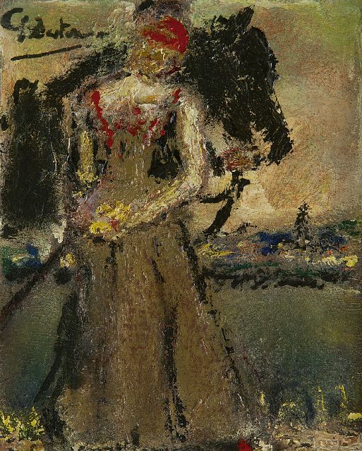 Westermann G.B.J.  | Vrouw met paard, olieverf op paneel 18,1 x 14,9 cm, gesigneerd l.b.