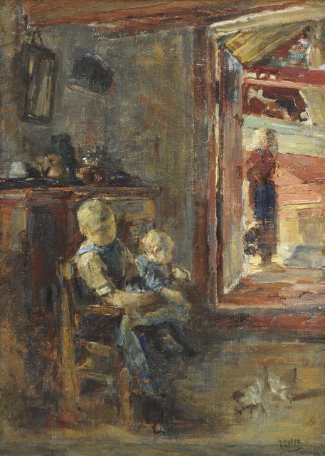 Henricus Joannes Mélis | Interieur met Zeeuwse vrouw en kinderen, olieverf op doek, 52,5 x 37,3 cm, gesigneerd r.o.