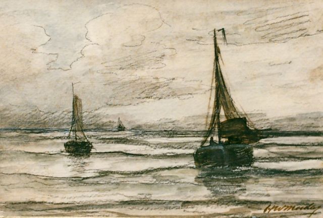 Hendrik Willem Mesdag | Bomschuiten op zee, potlood en aquarel op papier, 13,5 x 19,5 cm, gesigneerd r.o.