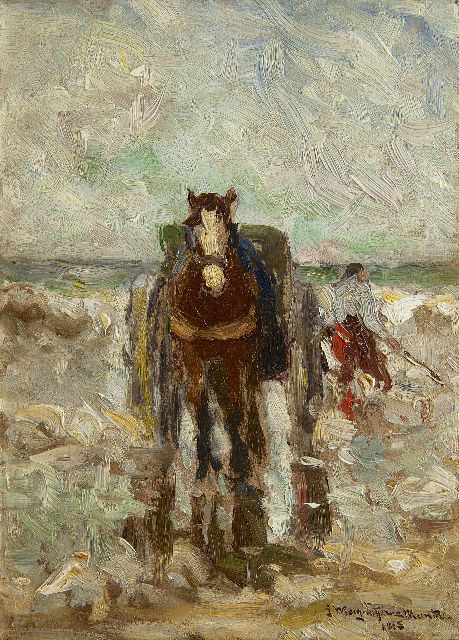 Munthe G.A.L.  | Schelpenvisser op het strand, olieverf op paneel 35,9 x 26,4 cm, gesigneerd r.o. en gedateerd 1915