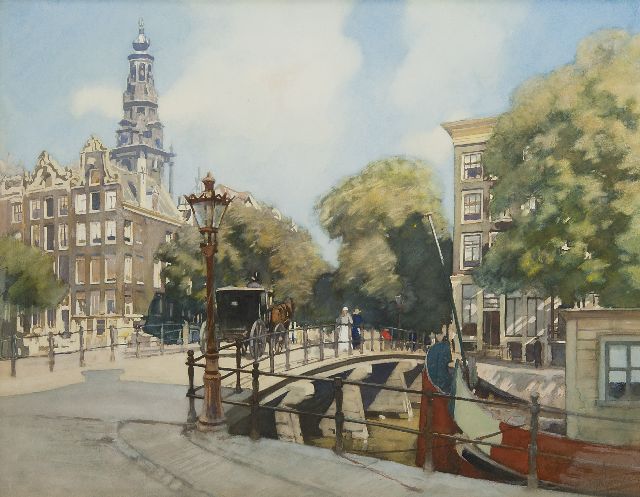 Jansen H.W.  | Gezicht op de brug over de Kloveniersburgwal, Amsterdam, aquarel op papier 45,5 x 56,8 cm, gesigneerd r.o.