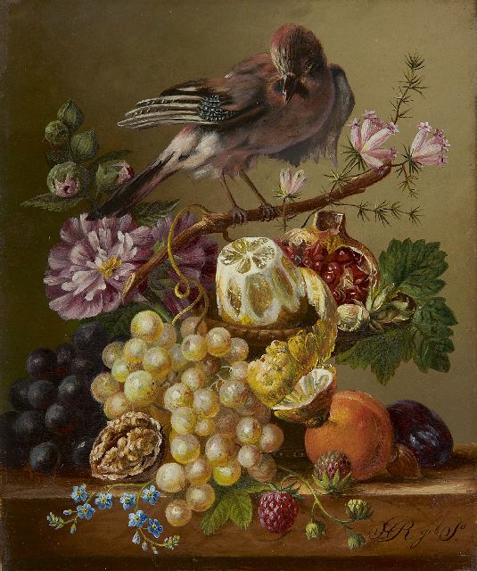 Onbekend   | Stilleven met vruchten en Vlaamse Gaai op een tak, olieverf op paneel 21,5 x 18,0 cm, gesigneerd r.o. 'H R geboren S'
