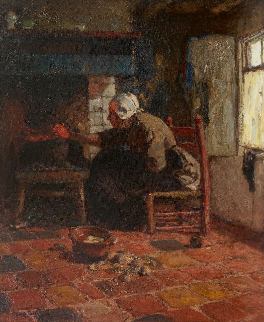 Bartels H. von | Katwijkse vrouw bij het haardvuur, olieverf op doek 67,3 x 55,0 cm, gesigneerd l.o.