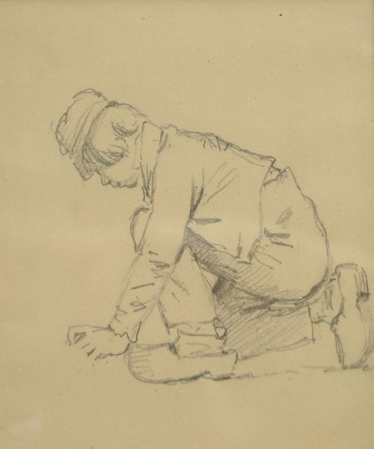 Barend Cornelis Koekkoek | Studie van een knielende boerenjongen, krijt op papier, 12,8 x 10,2 cm