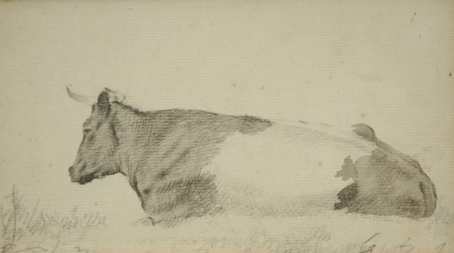 Koekkoek B.C.  | Studie van een rustende koe, krijt en aquarel op papier 10,1 x 18,2 cm