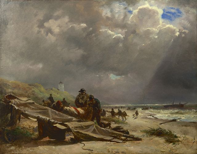 Willem van Deventer | Schipbreuk op het strand van Katwijk, olieverf op papier op schildersboard, 46,3 x 59,6 cm, gesigneerd r.o. en gedateerd '44