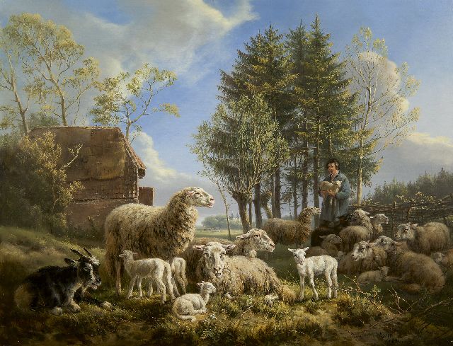 Henriette Ronner | Schaapherder met kudde, olieverf op paneel, 46,3 x 60,1 cm, gesigneerd r.o. en gedateerd 1840