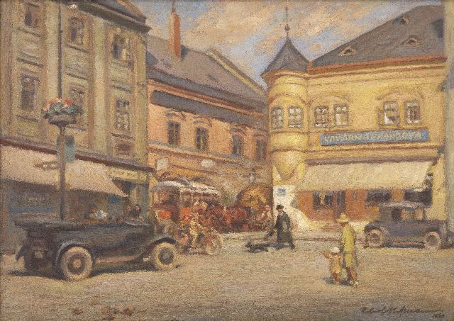 Robert Hofmann | Marktplein in Kroměříž met het bekende koffiehuis Kavárna Brándova, Tsjecho-Slowakije,, olieverf op schildersboard, 38,3 x 53,0 cm, gesigneerd l.o. en gedateerd 1930