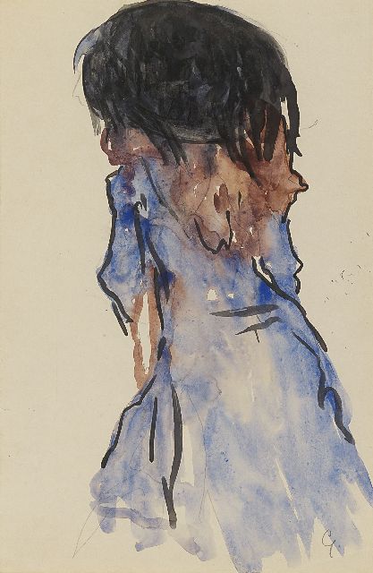 Gestel L.  | Vrouw met veren hoed, op de rug gezien, potlood en aquarel op papier 30,5 x 20,2 cm, gesigneerd r.o. met initiaal en te dateren ca. 1908