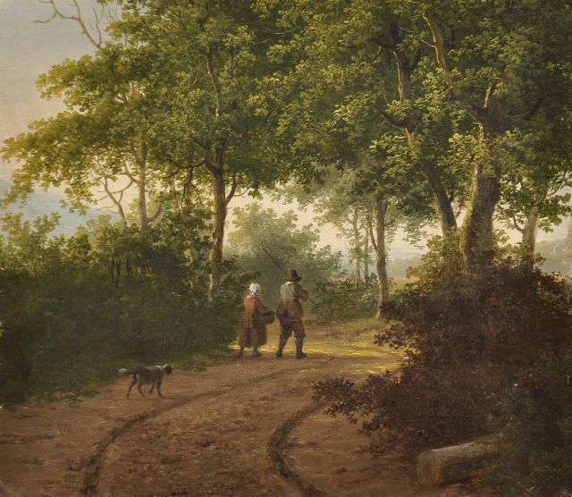 Stok J. van der | Landvolk met hond op een bospad, olieverf op doek op paneel 24,3 x 27,6 cm