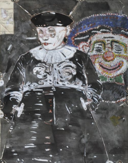 Sengl P.  | Fixierter Schwarzclown mit Clownstickerei, gouache op papier 60,5 x 46,7 cm, gesigneerd l.b. en gedateerd 1979