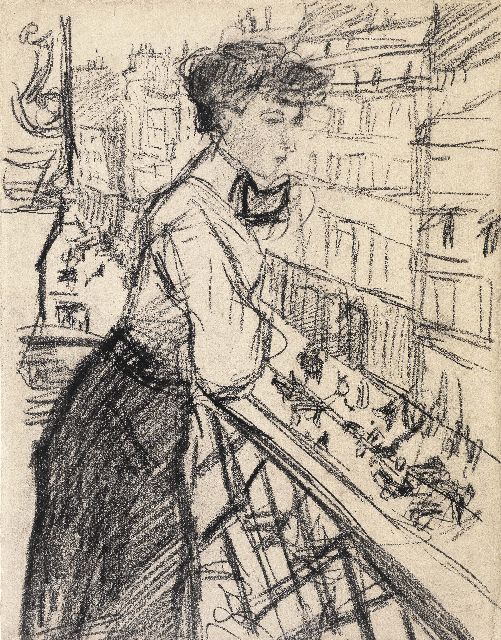 Isaac Israels | Vrouw op een balkon, Parijs, zwart krijt op papier, 30,2 x 23,6 cm