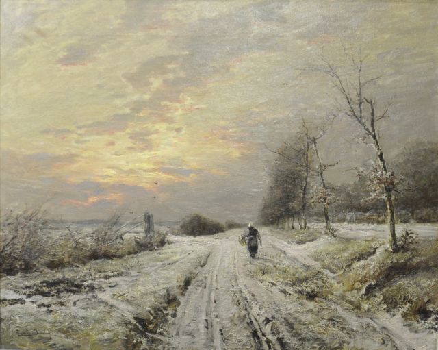 Apol L.F.H.  | Winterlandschap met boerin op een weg, olieverf op doek 64,3 x 80,2 cm, gesigneerd l.o.