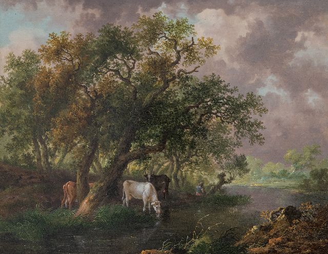 Renard F.T.  | Drinkend vee bij een rivier, olieverf op paneel 26,5 x 34,3 cm, gesigneerd (onduidelijk) verso op etiket en te dateren ca. 1815