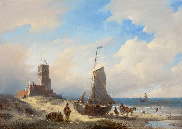 Jan Jacob Spohler | Strandgezicht bij vuurbaak bij Katwijk, olieverf op paneel, 46,8 x 64,9 cm, gesigneerd l.o.
