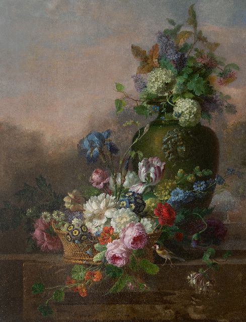 Willem van Leen | Bloemstilleven met rozen, tulp, iris en andere bloemen, olieverf op doek, 116,2 x 90,8 cm, gesigneerd met resten van signatuur