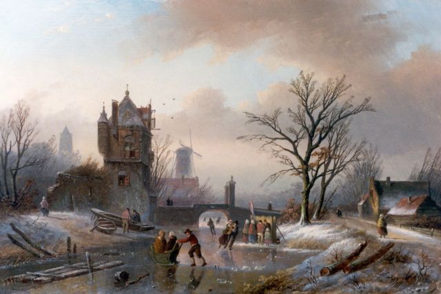 Jan Jacob Spohler | IJsgezicht met schaatsers bij een ruine, olieverf op paneel, 22,3 x 33,5 cm, gesigneerd l.o.