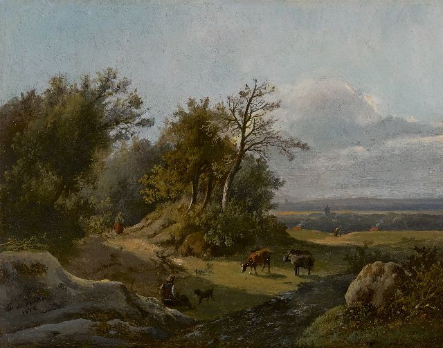 Haan F.A. de | Herder met vee in zonnig heuvellandschap, olieverf op paneel 21,2 x 26,9 cm, gesigneerd l.o. en gedateerd 1850
