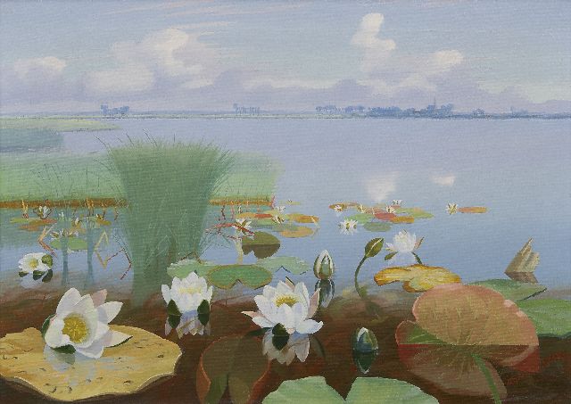 Smorenberg D.  | Waterlelies in de Loosdrechtse Plassen, olieverf op doek 50,8 x 70,3 cm, gesigneerd r.o.