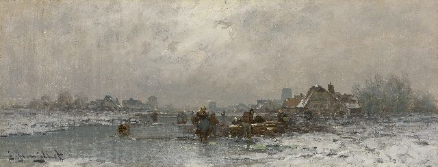 Johann Jungblut | Visverkoop op een bevroren rivier in Holland, olieverf op doek, 18,8 x 48,0 cm, gesigneerd l.o.