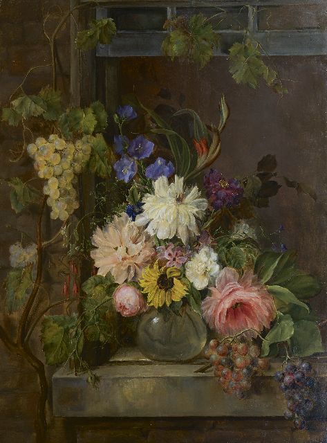 Os G.J.J. van | Stilleven met bloemen en druiven, olieverf op paneel 97,0 x 75,5 cm, gesigneerd r.o. en gedateerd 1809