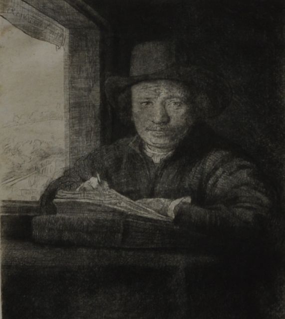 Rembrandt | Zelfportret, etsend bij een raam, ets en droge naald op papier, 15,8 x 12,9 cm, gesigneerd l.b. in de plaat en gedateerd 1648 in de plaat
