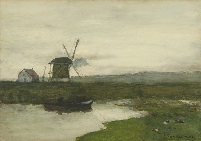 Weissenbruch H.J.  | Molen in een polderlandschap, aquarel op papier 34,5 x 49,6 cm, gesigneerd r.o. en te dateren ca. 1900