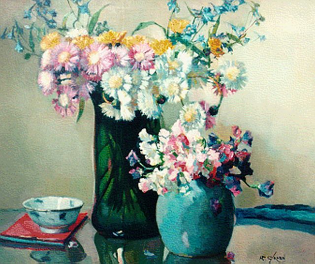 Piet Groen | Twee vazen met bloemen, olieverf op doek, 51,5 x 72,0 cm, gesigneerd r.o.