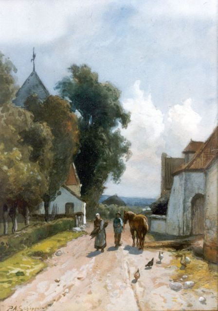 Piet Schipperus | Weggetje door het dorp, aquarel op papier, 28,5 x 20,0 cm, gesigneerd l.o.