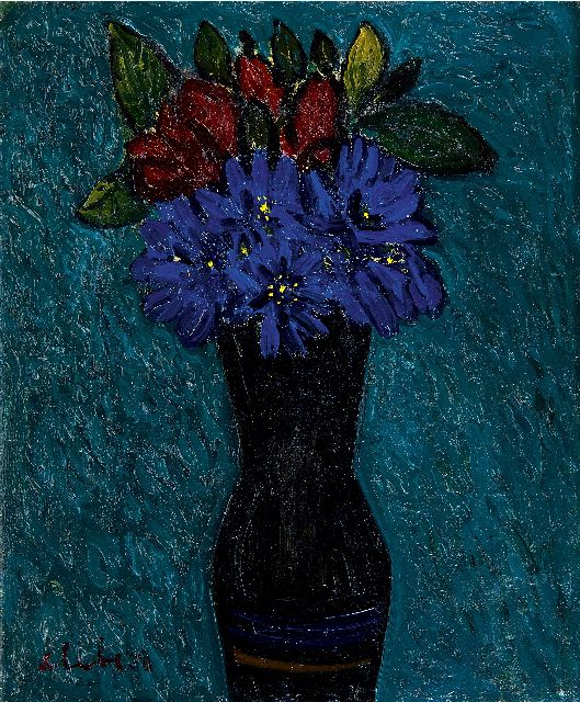 Slebe (Ferdinand Joseph Sleebe) F.  | Bloemen in hoge vaas, olieverf op doek 30,1 x 25,1 cm, gesigneerd l.o. en gedateerd '50