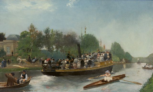 Hoeterickx E.  | Op het water tussen Laken en park Drie Fonteinen bij Vilvoorde, België, olieverf op doek 52,5 x 85,0 cm, gesigneerd l.o. en gedateerd 1883