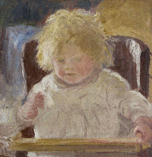 Cossaar J.C.W.  | Meisje in kinderstoel, olieverf op doek op paneel 44,0 x 42,7 cm, gesigneerd r.o.
