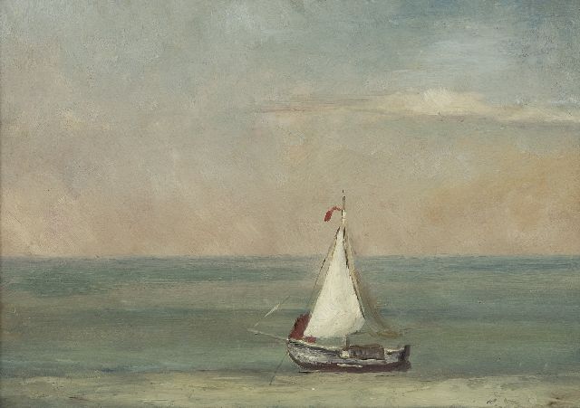 Hendrik Willem Mesdag | Stille zee met wit zeilscheepje, olieverf op papier op paneel, 21,8 x 30,2 cm