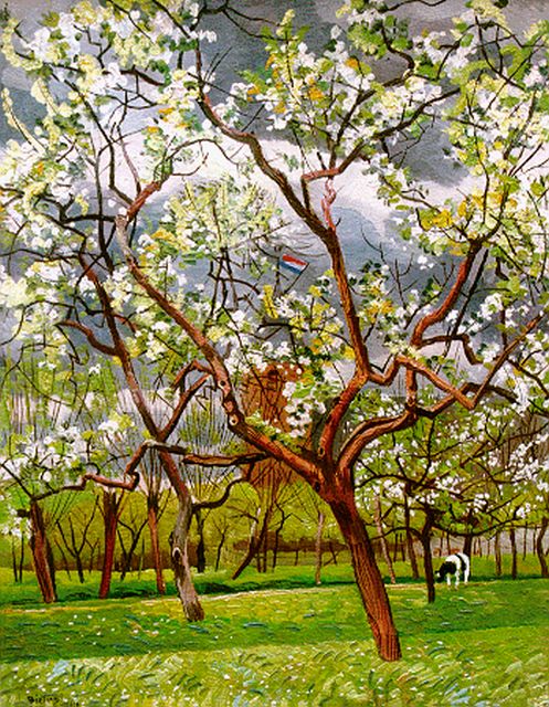 Herman Bieling | Bloeiende kersenbomen in de Betuwe, olieverf op doek, 69,9 x 55,5 cm, gesigneerd l.o. en gedateerd '46