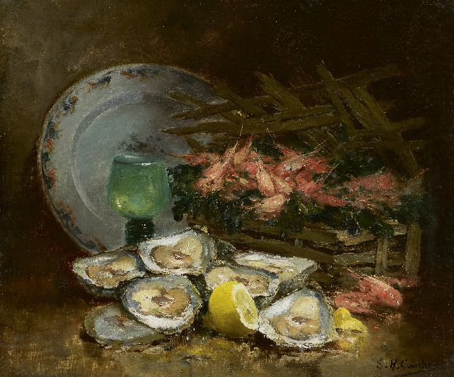 Cauchois E.H.  | Stilleven met oesters, olieverf op doek 38,1 x 46,0 cm, gesigneerd r.o.
