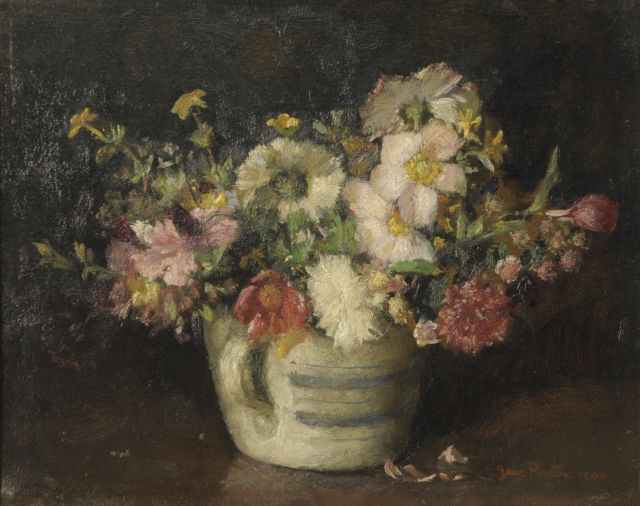 Rueter W.C.G.  | Stilleven van bloemen in een stenen pot, olieverf op doek 26,2 x 32,3 cm, gesigneerd r.o. en gedateerd 1940