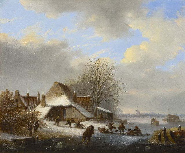 Stok J. van der | Schaatspret op een bevroren rivier, olieverf op paneel 26,3 x 31,9 cm, gesigneerd r.o.