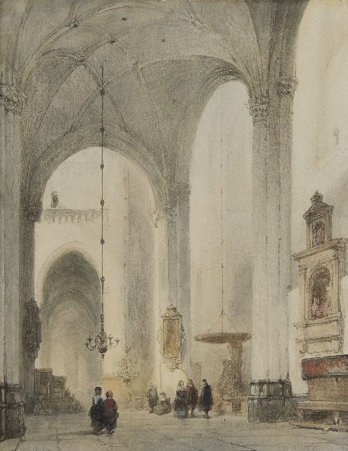 Bosboom J.  | Kerkinterieur (Grote Kerk van Breda), aquarel op papier 38,3 x 29,8 cm, gesigneerd l.o.