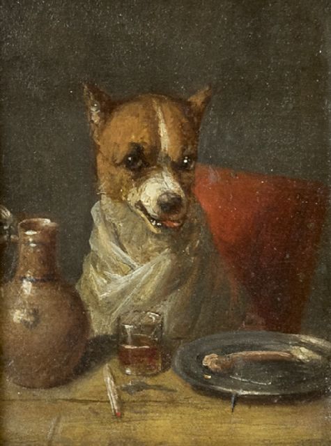 Eycken Ch. van den | De fijnproever: een hond aan tafel, olieverf op paneel 7,5 x 5,6 cm, gesigneerd l.b. met monogram en gedateerd '77