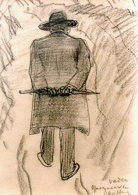 Sluiter J.W.  | Vader op weg naar de horstbrink, krijt op papier 23,0 x 17,0 cm, gesigneerd r.o.
