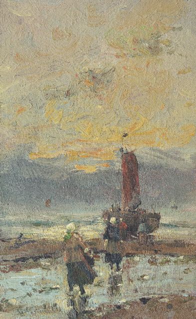 Munthe G.A.L.  | Vissersvrouwen op het strand, olieverf op doek op paneel 23,2 x 14,2 cm, gesigneerd l.o. vaag en ca. 1914